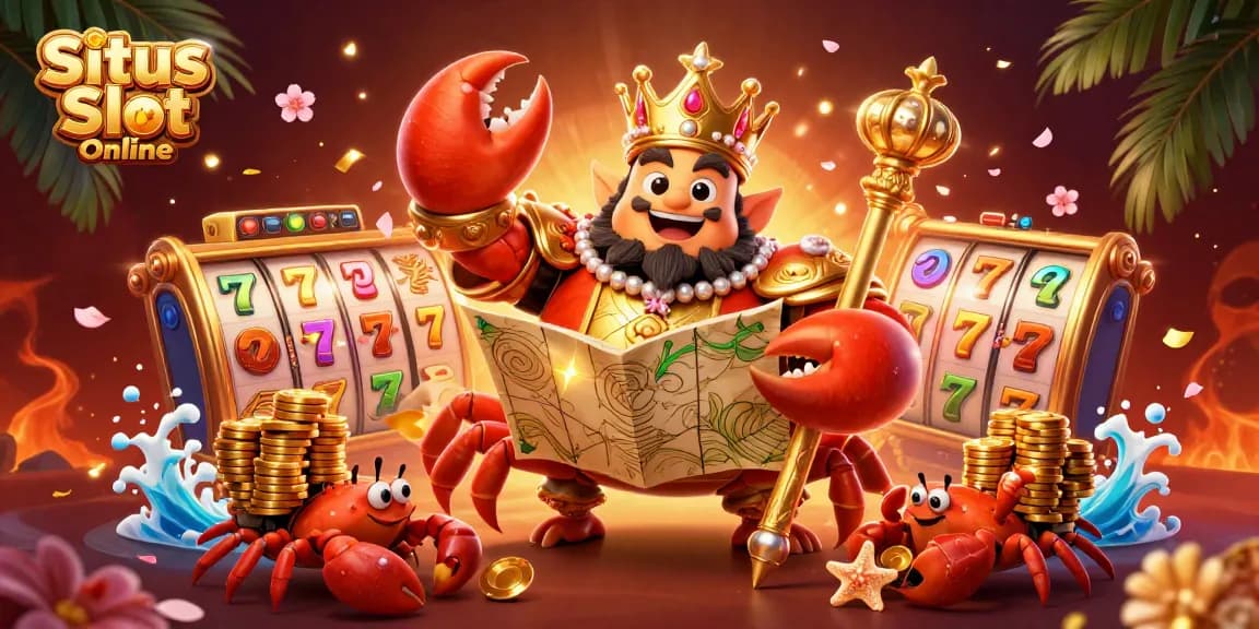 Situs Slot Online brings excitement with a golden crab emperor in a dynamic gaming scene full of lively slot elements.