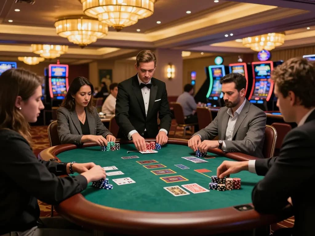 Players strategizing at the blackjack table at okwin casino, showcasing thrilling gameplay moments and vibrant atmosphere.