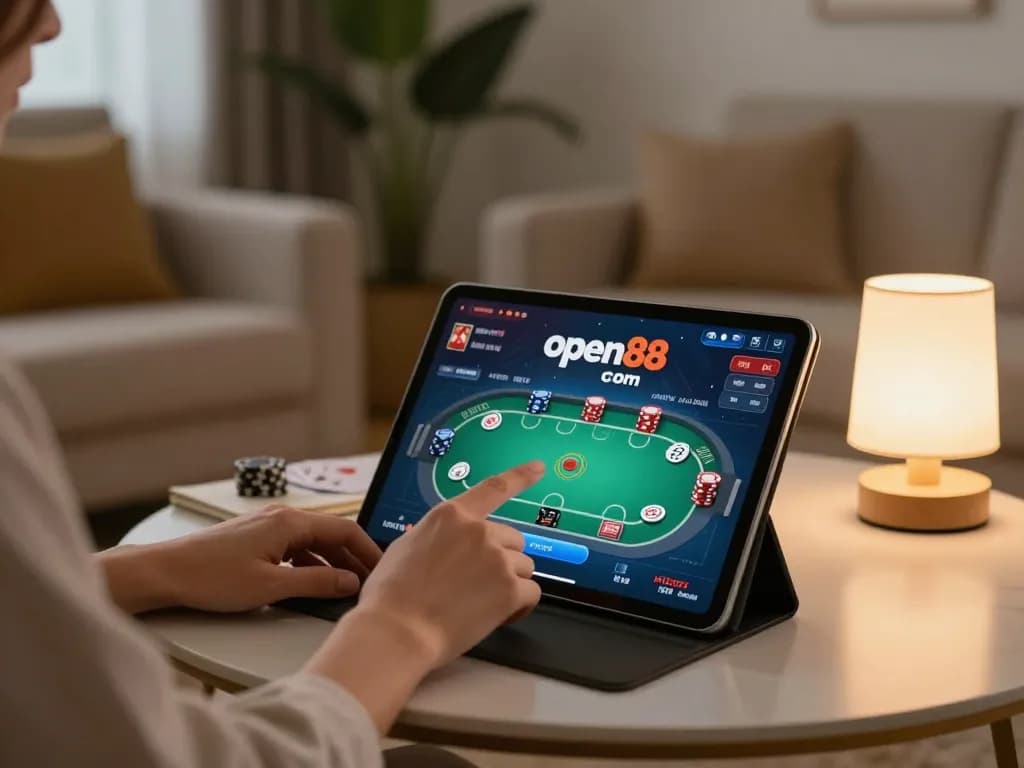 Playing poker online at open88 com in a cozy home environment with tablet interface visible.