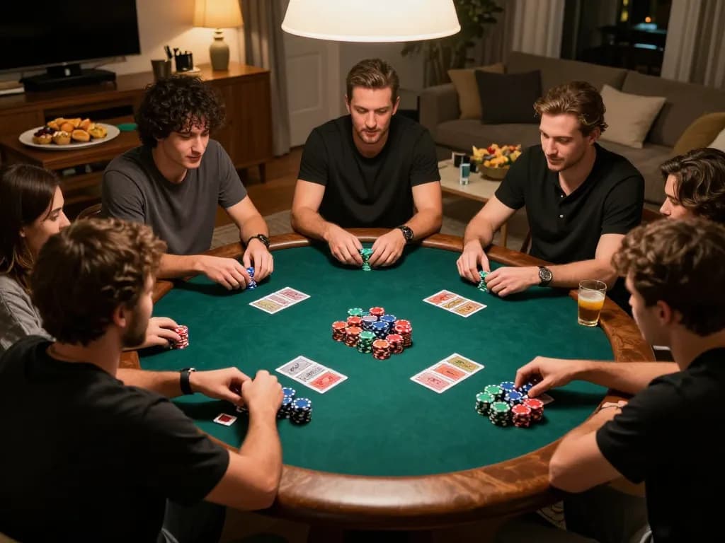 F8BET players engaging in an exciting home poker game with vibrant chips and focused strategies.