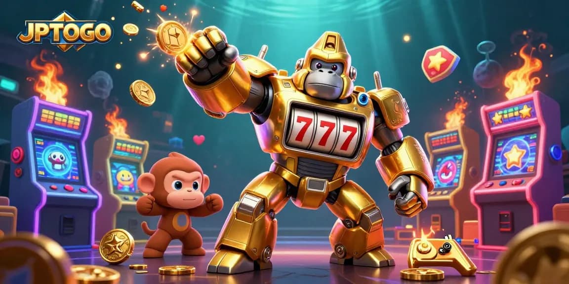 Join the excitement with JPTOTO, as the golden gorilla mech bursts coins in a vibrant gaming scene.