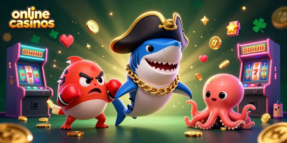 Engage in thrilling online casinos with a lively scene featuring spirited cartoon characters, slot machines, and glowing arcade elements.