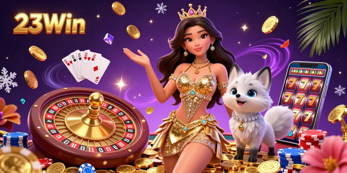 Experience thrilling wins at 23Win with a captivating casino scene filled with golden coins and vibrant game elements.