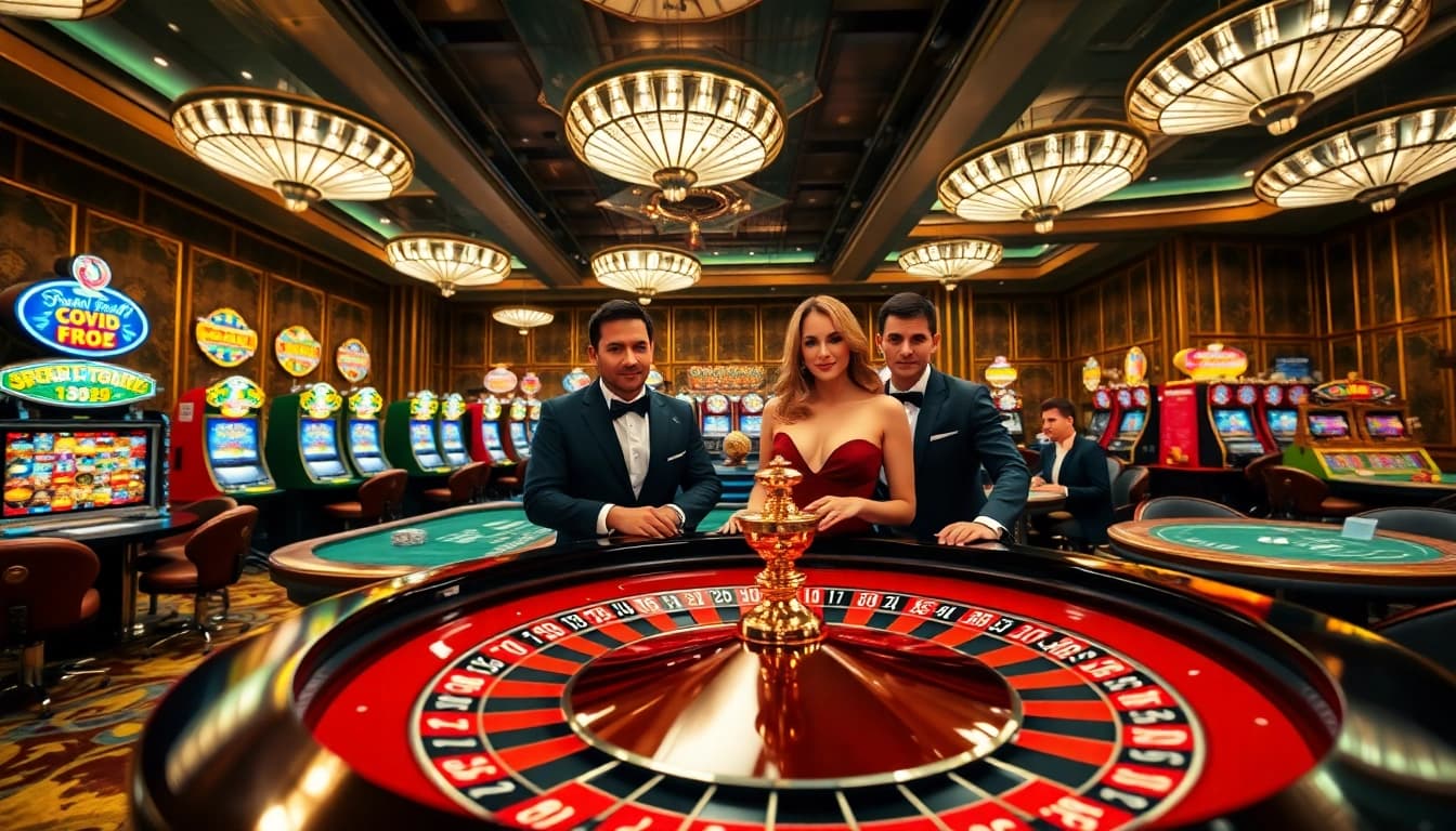 Landaktoto menunjukkan pemain kasino yang bersemangat di meja roulette yang mewah.