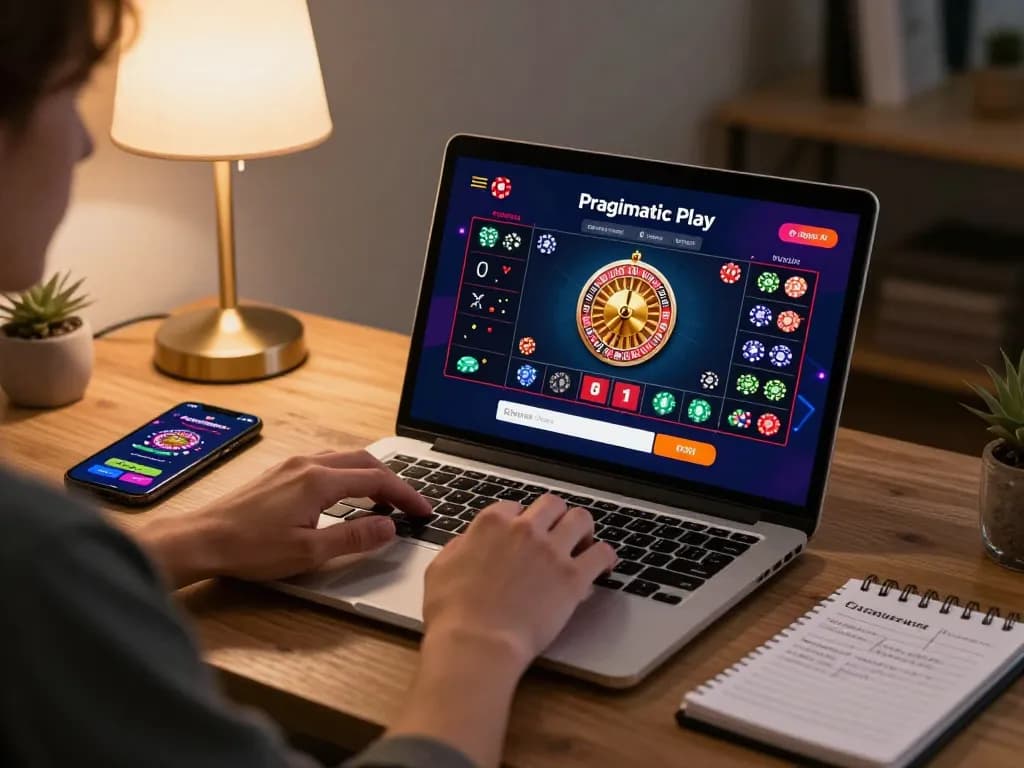 Engaging scene of a player preparing for Pragmatic Play Login on a laptop, featuring roulette game interface and strategic notes.