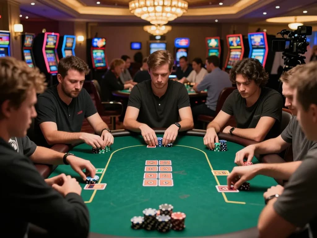 Players strategizing in an intense poker game at a luxurious casino, highlighting HM88's atmosphere.