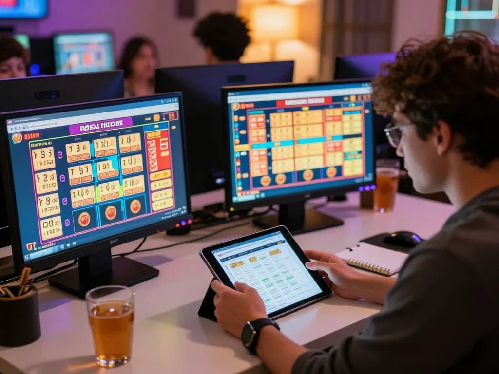Engaging in togel online gaming on multiple screens, showcasing strategic betting insights.