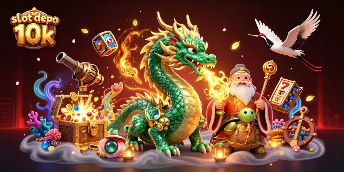 Engage with slot depo 10k in a captivating casino scene featuring lively characters and rich gaming elements.