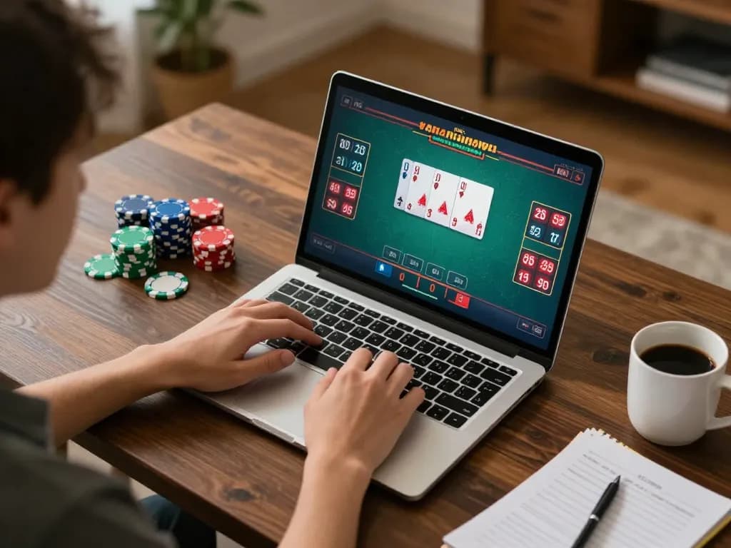 Sesi permainan online yang menarik dengan antarmuka poker aman788 menampilkan chip berwarna-warni dan permainan yang strategis