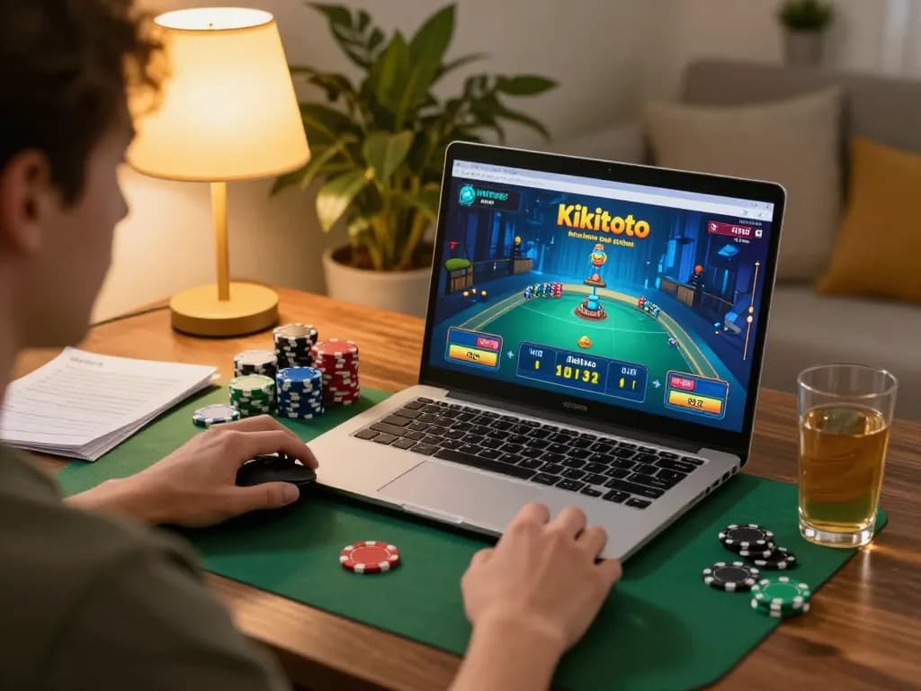 Pengalaman bermain Kikitoto di rumah dengan seorang pemain yang terlibat di laptop, chip dan minuman di dekatnya