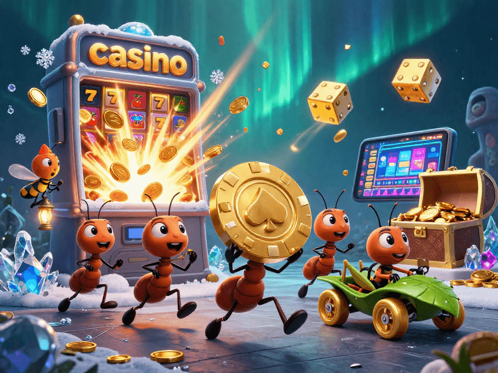 Experience a thrilling casino adventure with cartoon ants and vibrant gaming elements.