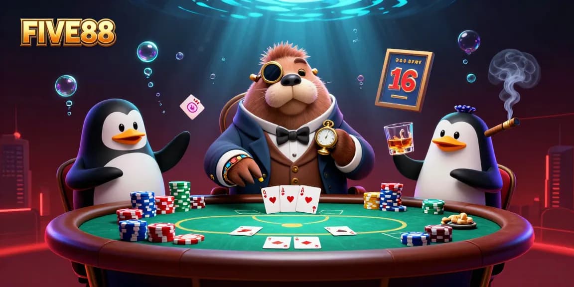 Experience the dynamic underwater poker world of FIVE88 with fun characters and vibrant casino elements.