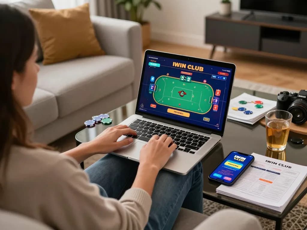 IWIN CLUB player engaging in an online poker game at home with strategy notes.