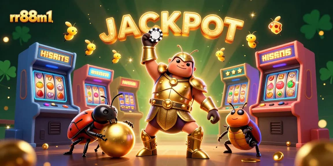 Experience the excitement of rr88m1 as a victorious beetle celebrates amid vibrant casino elements.
