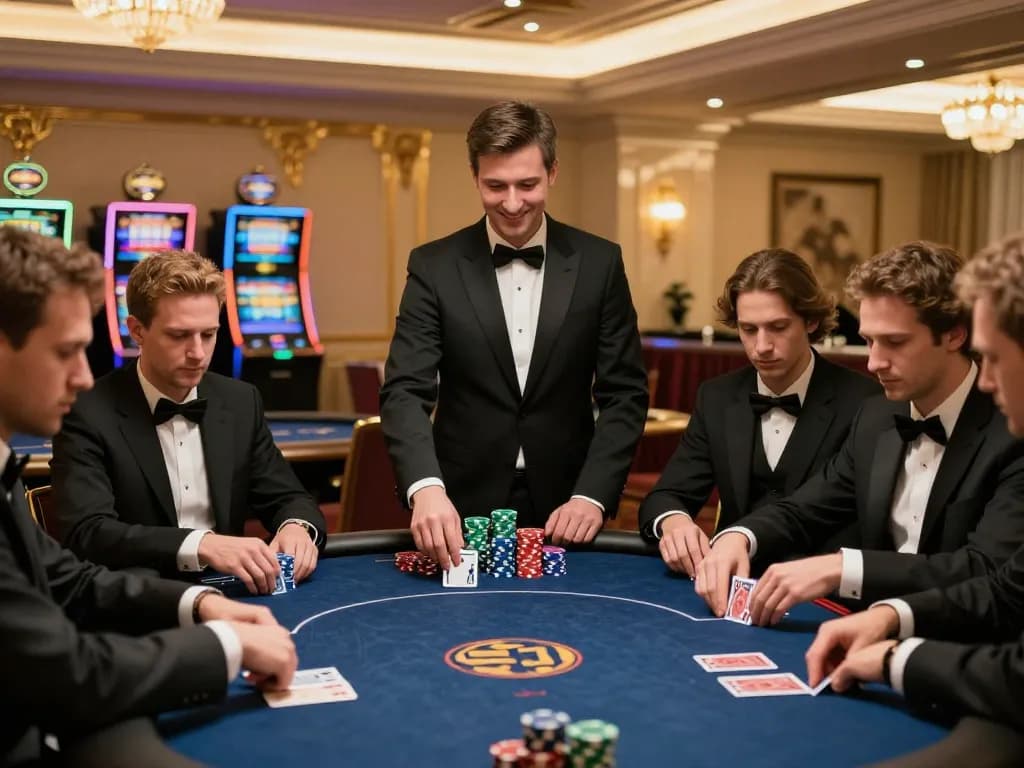 Players strategizing at a CUCU777 poker table in an upscale casino setting.