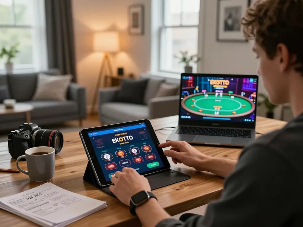 Bergabung dengan aplikasi kasino EKOTOTO selama sesi permainan online di ruang kerja rumah yang nyaman