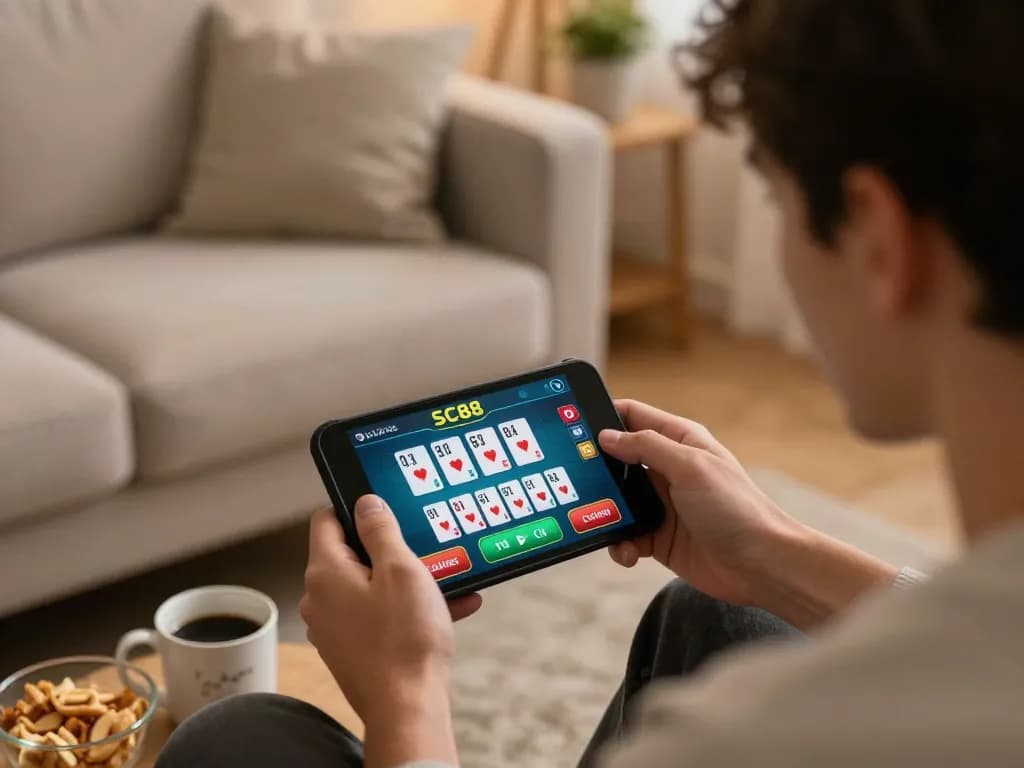 Engage with SC88 blackjack online, showcasing betting options on mobile in a cozy home setting.