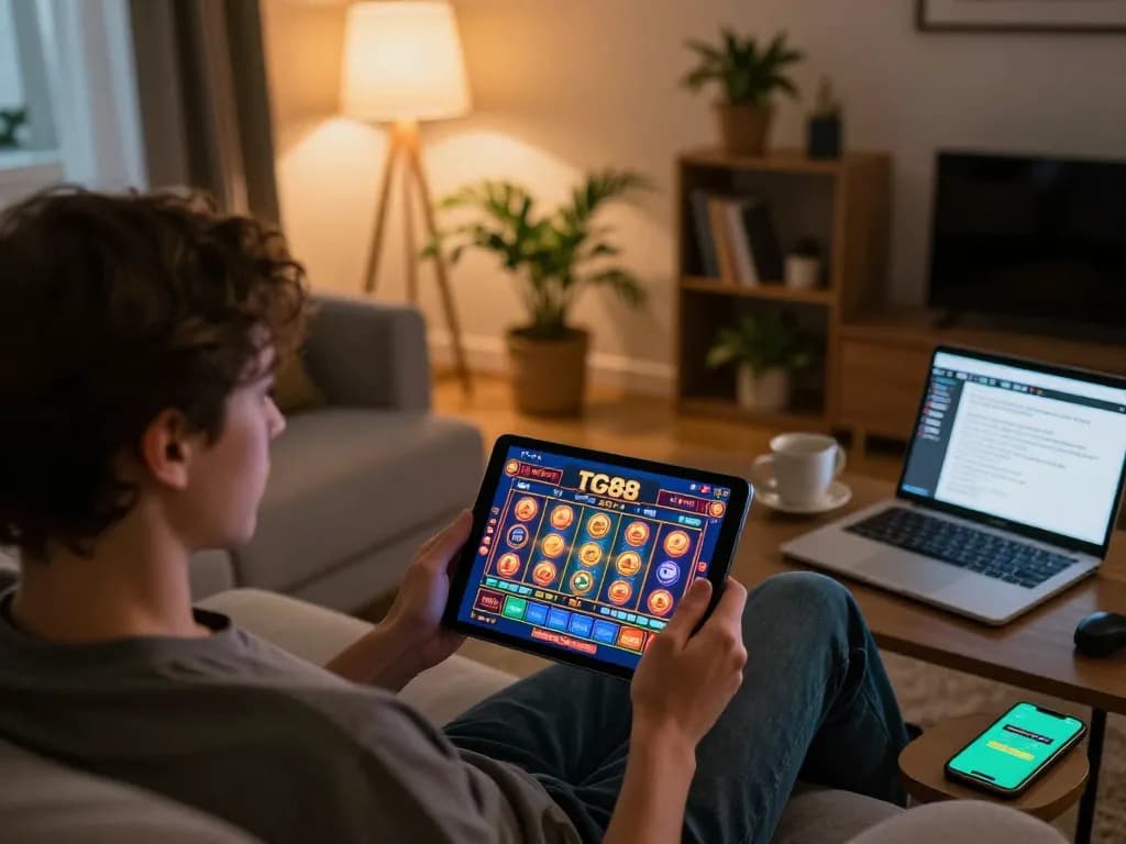 TG88 player focusing on tablet for online casino gameplay at home.