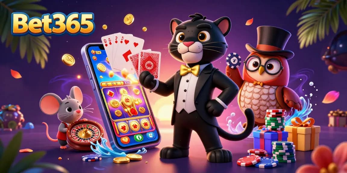Experience winning strategies at Bet365 with a stylish black panther dealer and casino game elements.