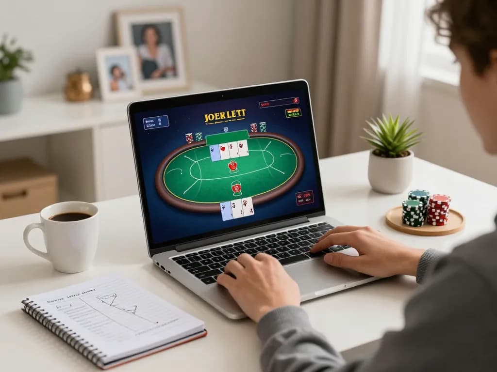 Engage in kdtoto poker gameplay at home with strategic notes and cozy setup.
