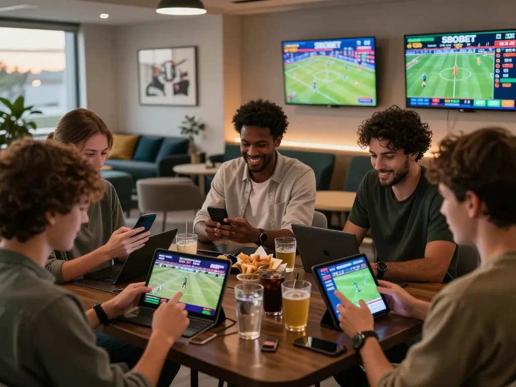 SBOBET enthusiasts enjoying live sports betting in a modern lounge, displaying excitement and engagement.