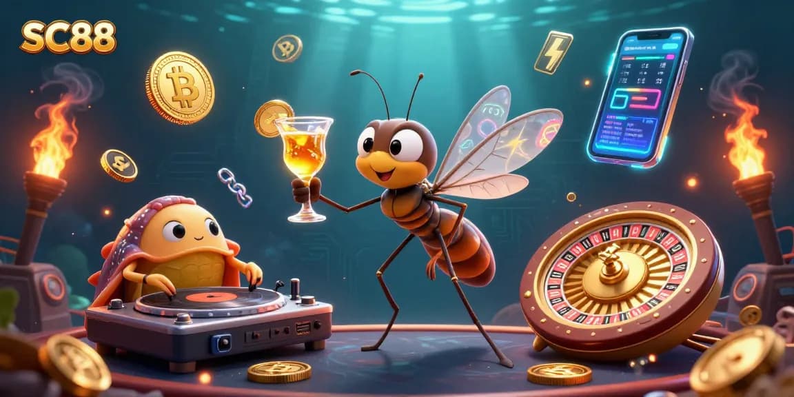 Experience thrilling SC88 gambling action with vibrant casino mascots and crypto elements.