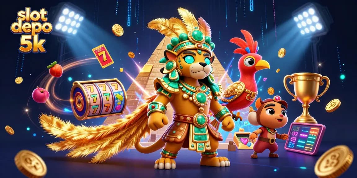 Engage in thrilling gameplay at slot depo 5k with vibrant 3D casino illustration of lucky symbols.