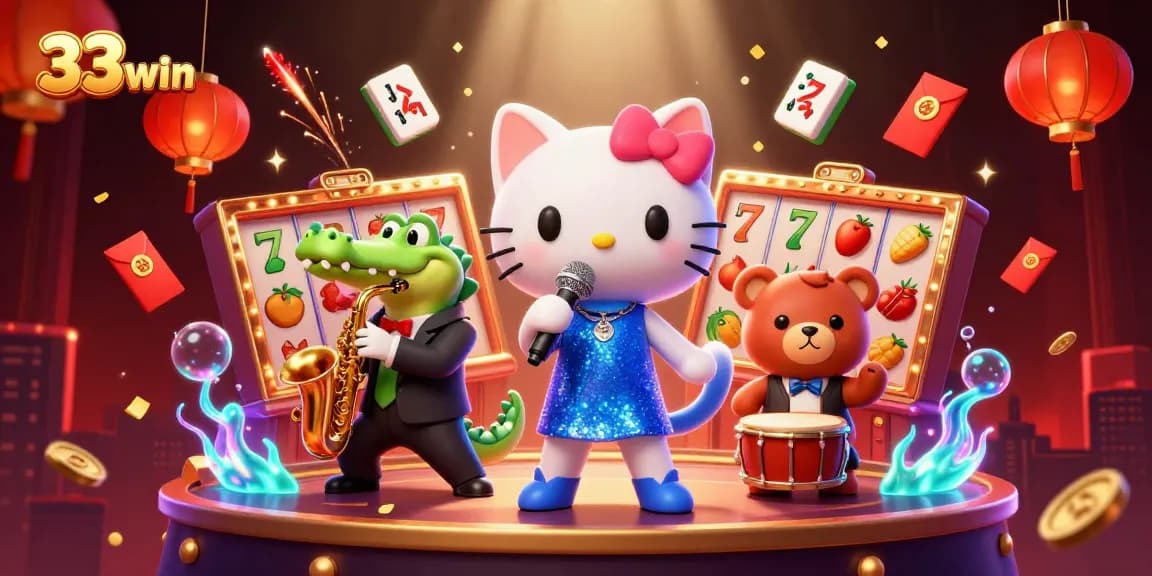 Experience the thrill of 33win with a lively casino scene featuring cartoon characters and vibrant gaming elements.