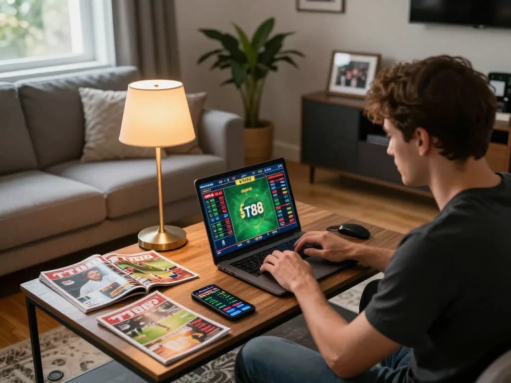 Engage in TT88 sports betting from the comfort of your home, showcasing focused gameplay with laptop and smartphone.