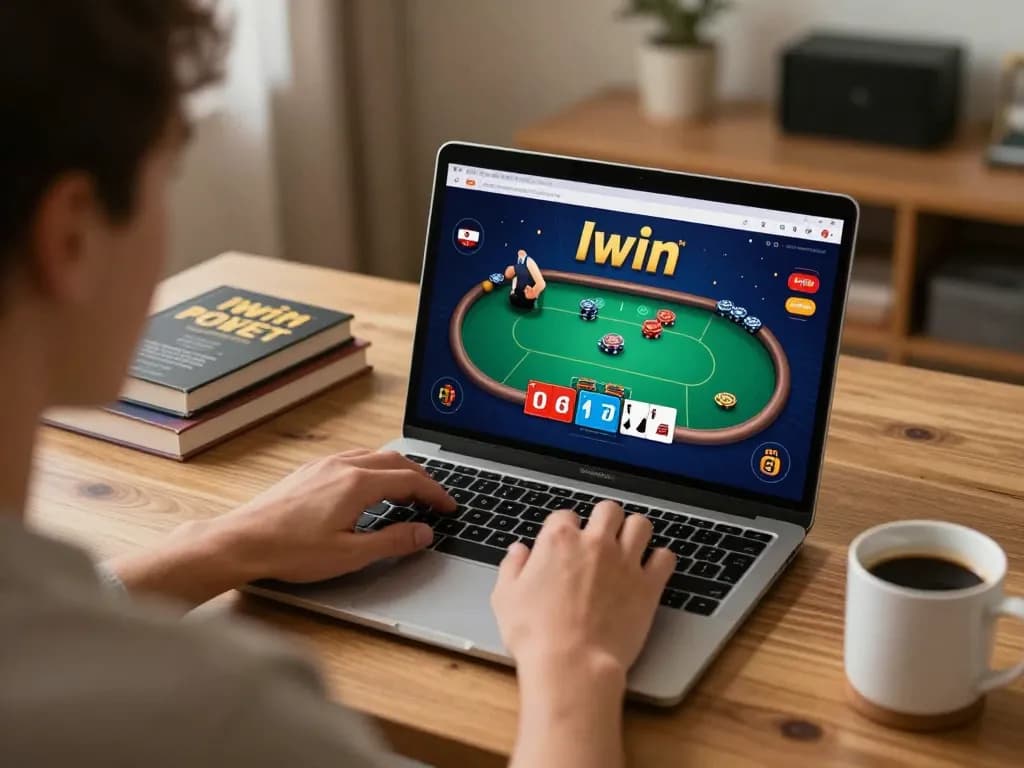 Player enjoying an intense poker game on Iwin while strategizing with notes and drink nearby