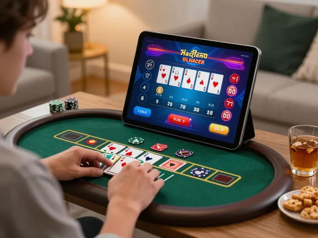 Engaging in 8xbet blackjack game on a tablet in a stylish home setting, showcasing excitement.