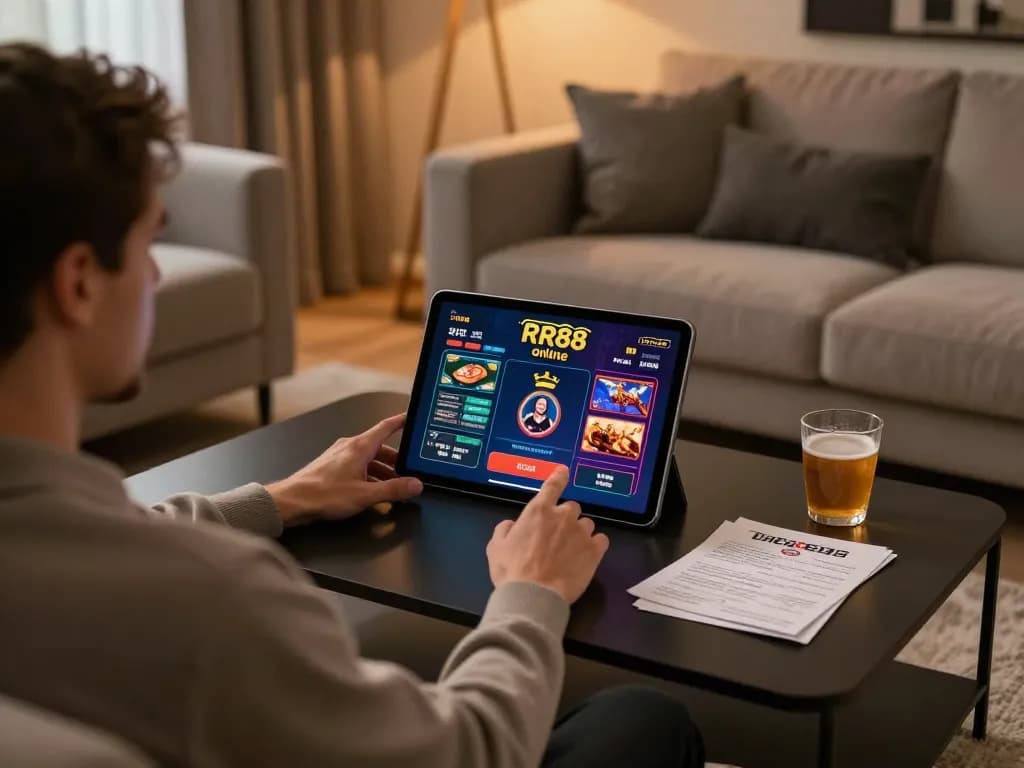 Engaging in RR88 online gaming with strategy notes in a cozy home setting