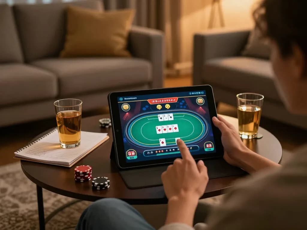 KJC player using tablet for online poker with notes and drinks in a cozy setting.