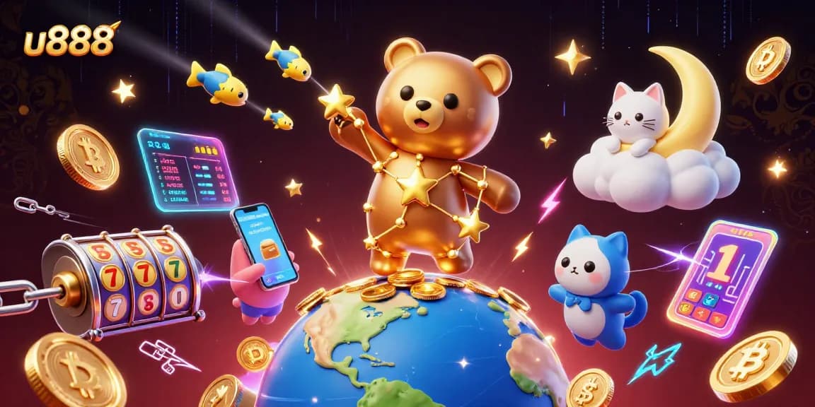 Spin to win with u888: A vibrant illustration showcasing a constellation bear scooping coins amidst neon casino themes.