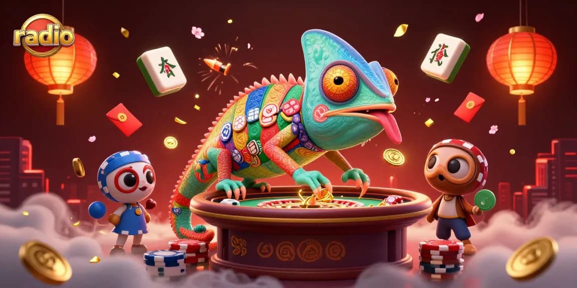 Experience thrilling casino action with a vibrant radio-themed 3D chameleon and game elements.