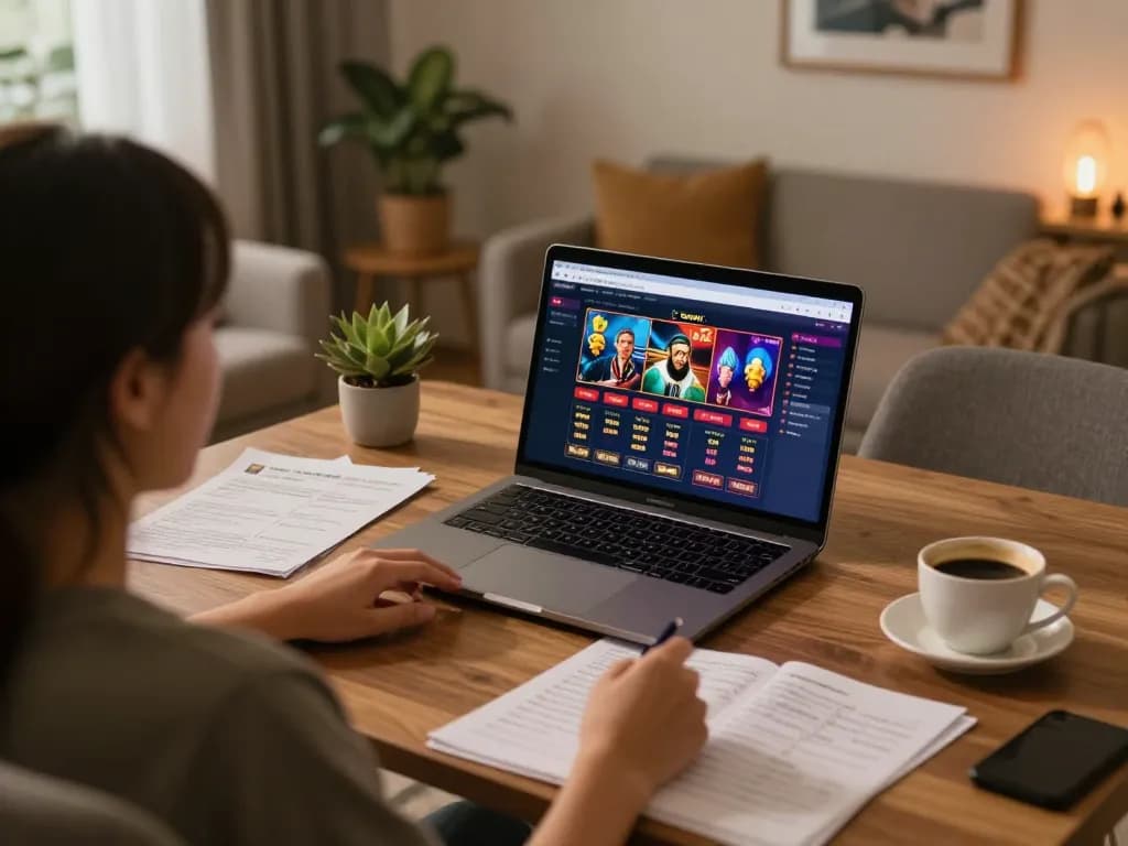 Engaged gambler using Sunwin app during an online gaming session at home, capturing vibrant gameplay and strategic notes.