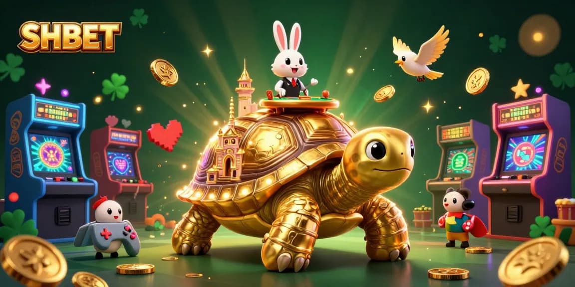 SHBET players celebrate wins at a vibrant, golden tortoise casino, with dynamic game elements surrounding them.