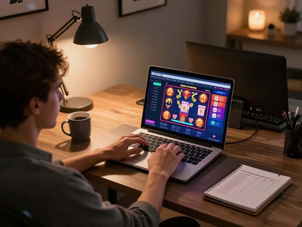 Menggunakan permainan kasino OVO303 di laptop dalam suasana rumah yang nyaman, menekankan perjudian online yang strategis.