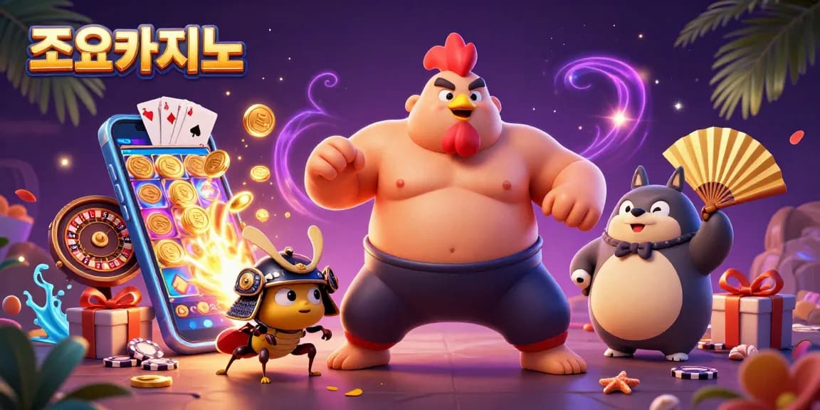 Engage with 조이카지노 featuring a powerful sumo wrestler rooster and samurai cricket, amidst vibrant casino elements.