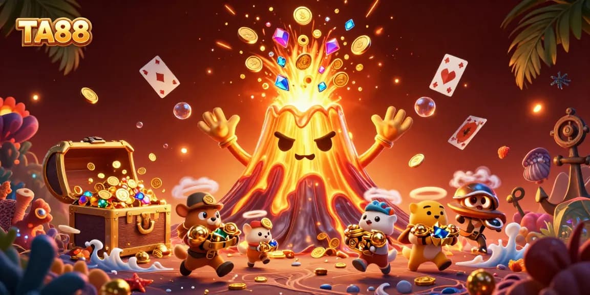 TA88 encapsulates the thrill of winning with vibrant treasure and casino elements in this engaging 3D scene.
