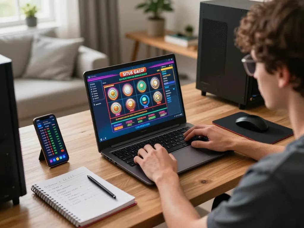 Engaged player enjoying situs gacor slot game on laptop, emphasizing strategic betting.