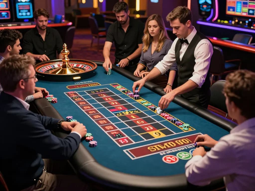 Players engaging in an exciting roulette game at 32win, showcasing vibrant casino atmosphere and high-stakes action.