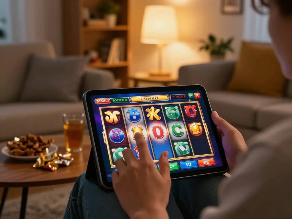 Engaging in slot online gameplay on a tablet in a cozy living room, highlighting vibrant slot symbols and spinning action.