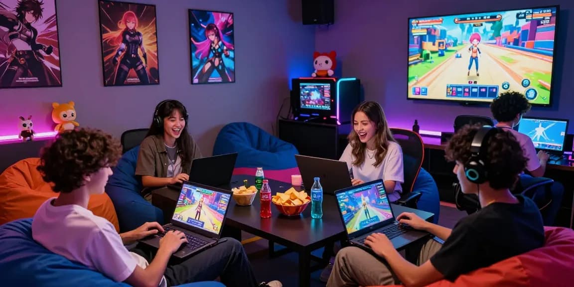 Young adults playing ecchi games in a vibrant gaming lounge filled with excitement and colorful decor.