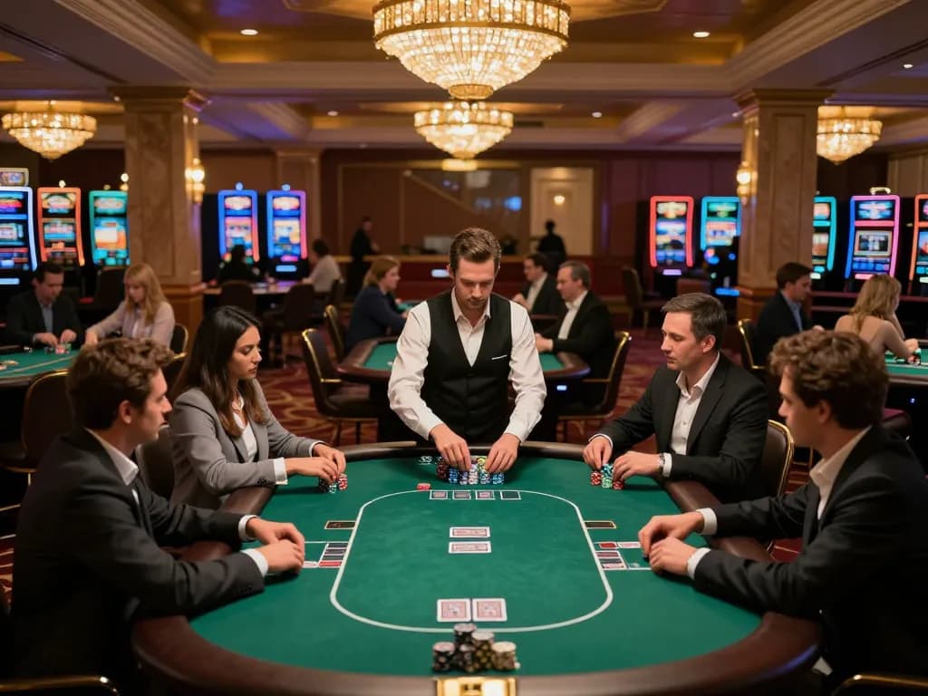 Players strategizing their moves at LGOLUX poker tables in an upscale casino.