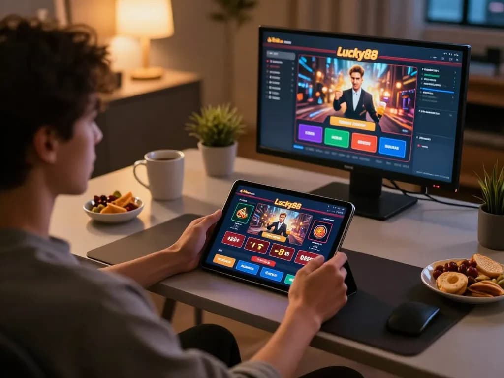 Player engaging with the lucky88 casino app at home, focusing on tablet gameplay details.