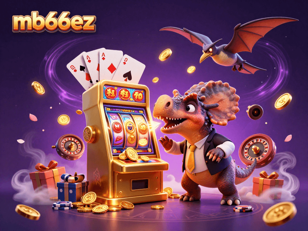 Spin to win at mb66ez with a vibrant 3D casino scene featuring cartoon dinosaurs and exciting jackpots.