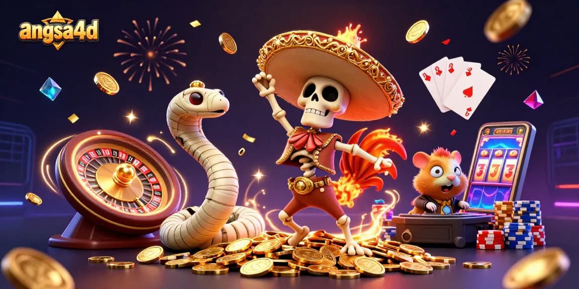 Join the celebration with angsa4d as a mariachi rooster and friends create winning moments in a vibrant casino scene.
