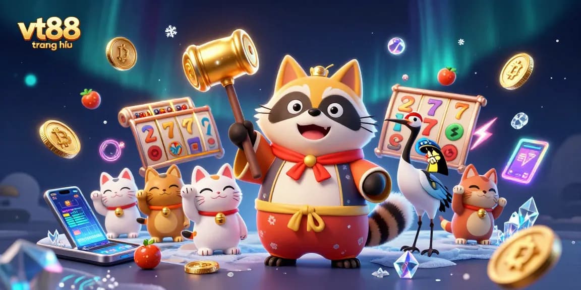 Experience the excitement of vt88 trang chủ with cheerful tanuki and lucky symbols in this vibrant scene.