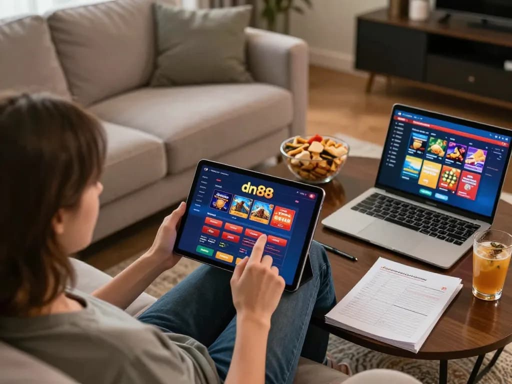 A player enjoying online gaming at dn88 on a tablet in a cozy living room setting.